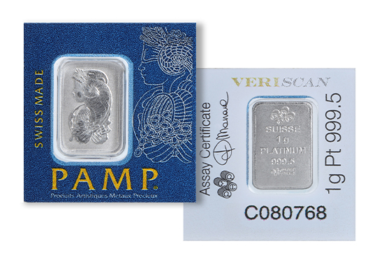 2 platinum bars in boxes labeled "Pamp" and "Veriscan"