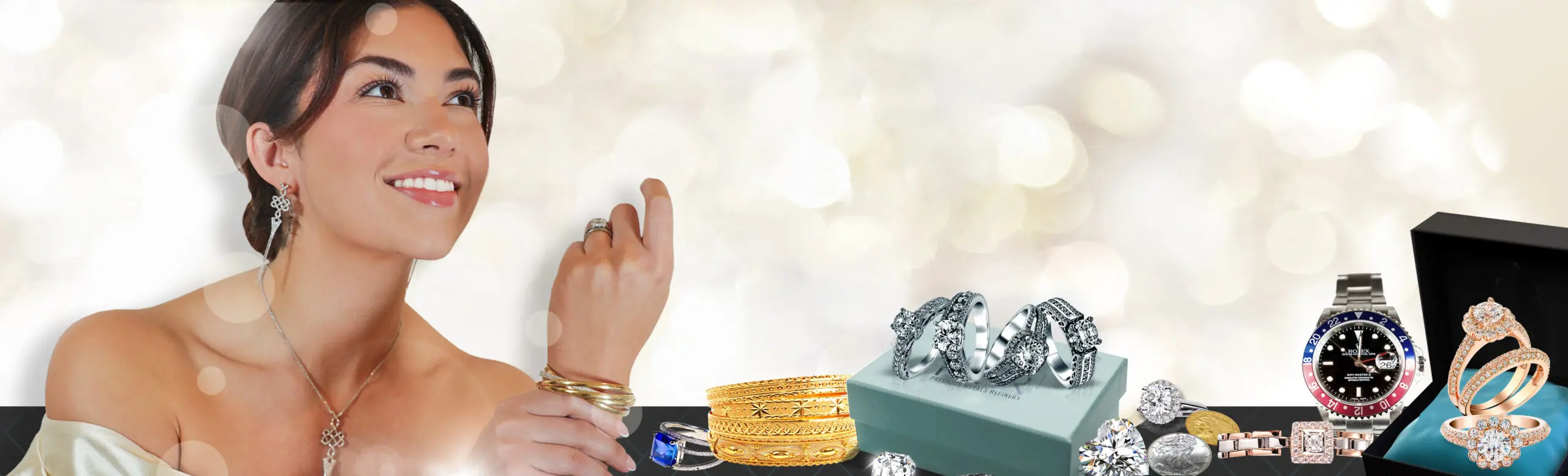 homepage banner with woman wearing jewelry, with images of rings, watches, bracelets