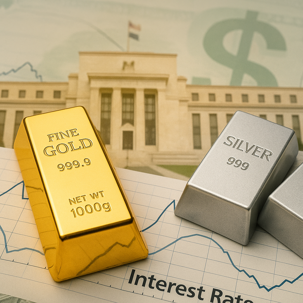gold and silver in front of federal reserve
