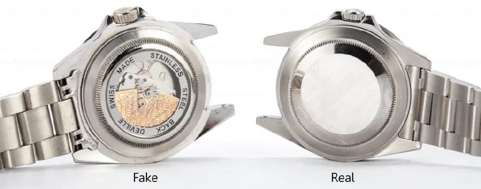Genuine Sea-Dweller case back with correct engraving compared to counterfeit with incorrect markings and glass display.