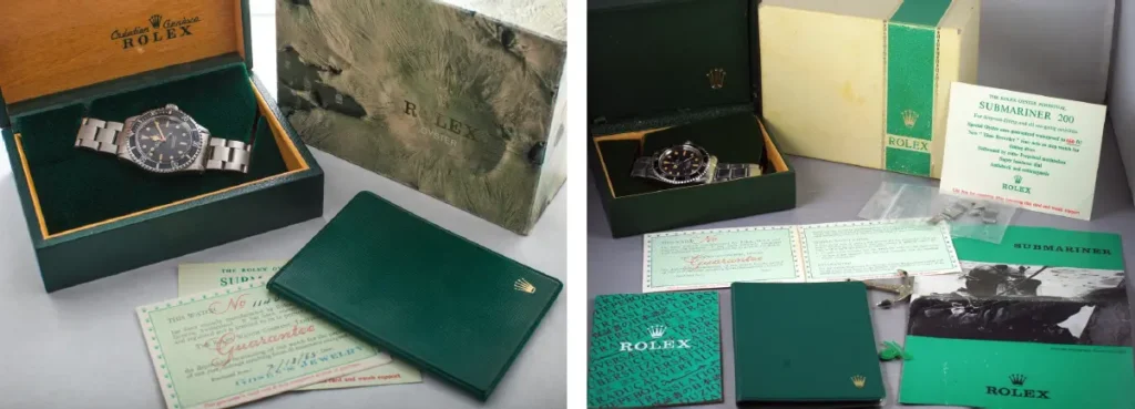 Authentic Rolex box and paperwork with crisp printing and matching serial numbers compared to counterfeit packaging with spelling errors.