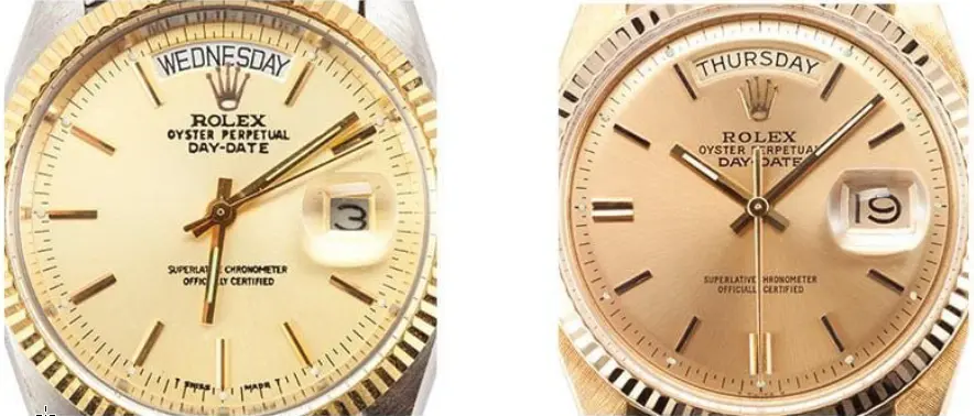 Authentic Rolex Cyclops lens with 2.5× magnification compared to fake with smaller, off-center date display.